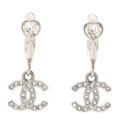 Chanel Crystal CC Heart Drop Hoop Earrings Silver 1 of 5