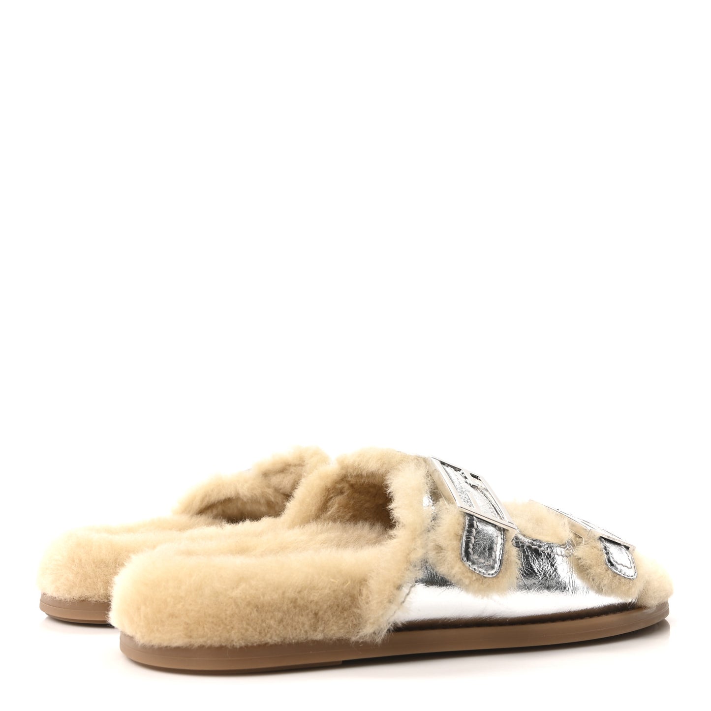 Shearling Metallic Vitello Womens FF Fendi Feel Buckled Slide Sandals 40 Argento