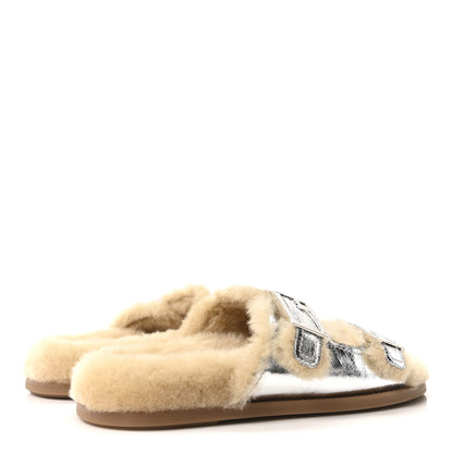 Fendi Shearling Metallic Vitello Womens FF Fendi Feel Buckled Slide Sandals 40 Argento 5 of 9