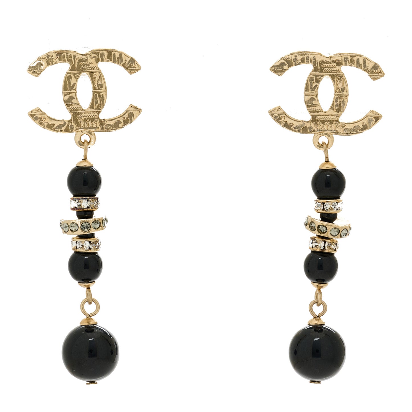 Crystal Bead Scarab CC Drop Earrings Gold Black