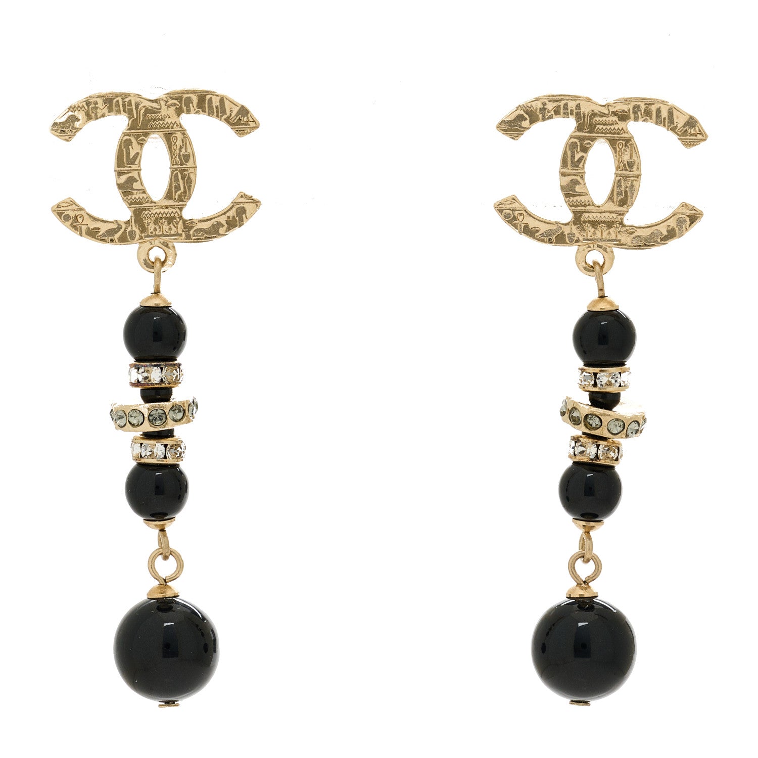 Chanel Crystal Bead Scarab CC Drop Earrings Gold Black 1 of 5