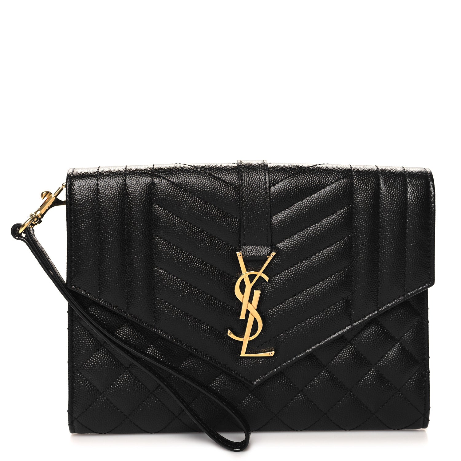 Saint Laurent SAINT LAURENT Grain De Poudre Matelasse Chevron Monogram Envelope Clutch Black 1 of 11