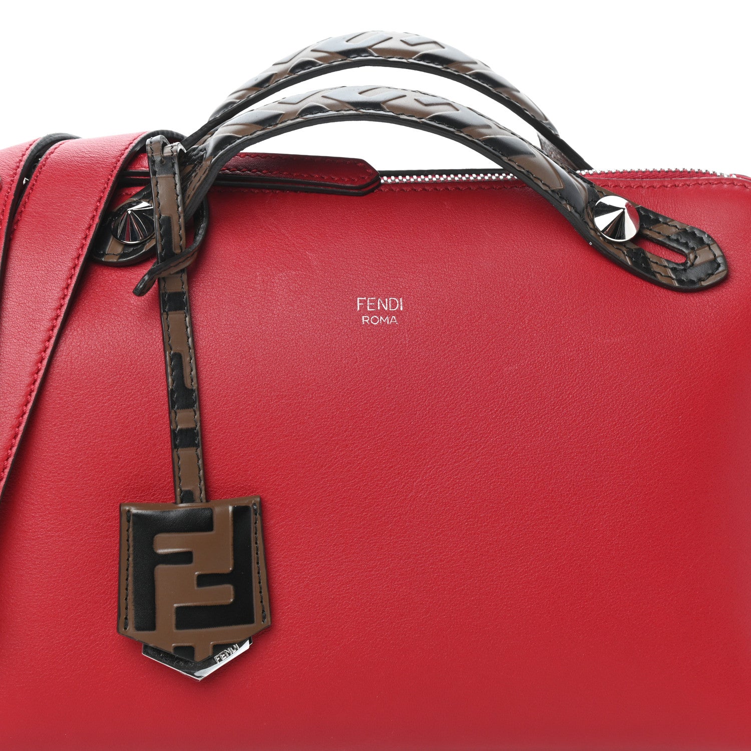Fendi Vitello Dolce Bi-Color FF 1974 Embossed Medium By The Way Boston Bag Fragola Maya Black 7 of 9
