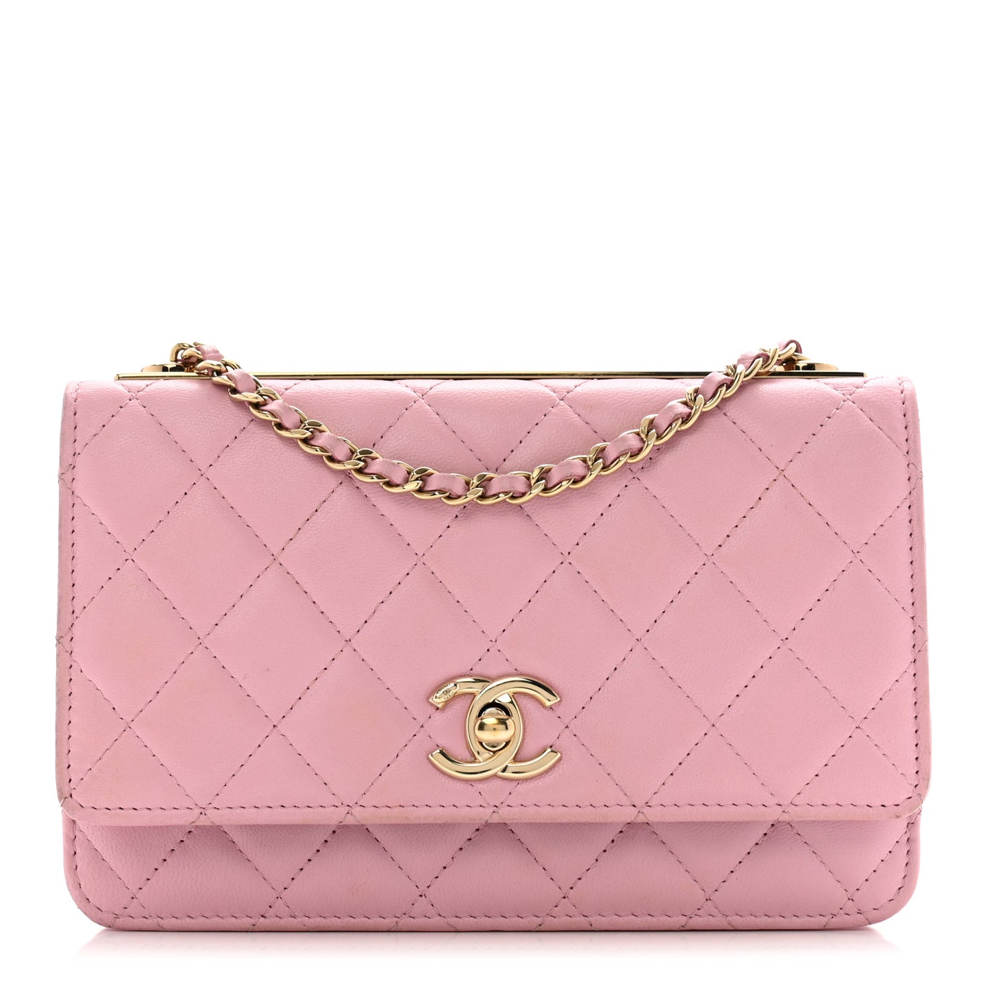 Lambskin Quilted Trendy CC Wallet On Chain WOC Pink