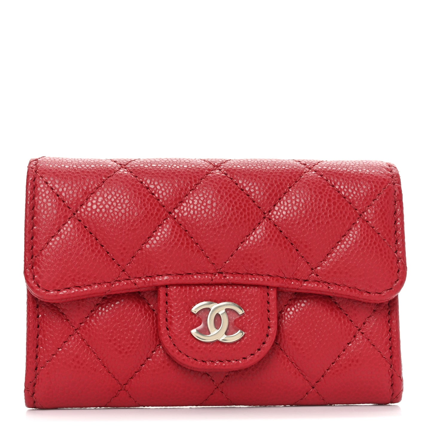 Caviar Quilted Flap Card Holder Wallet Red