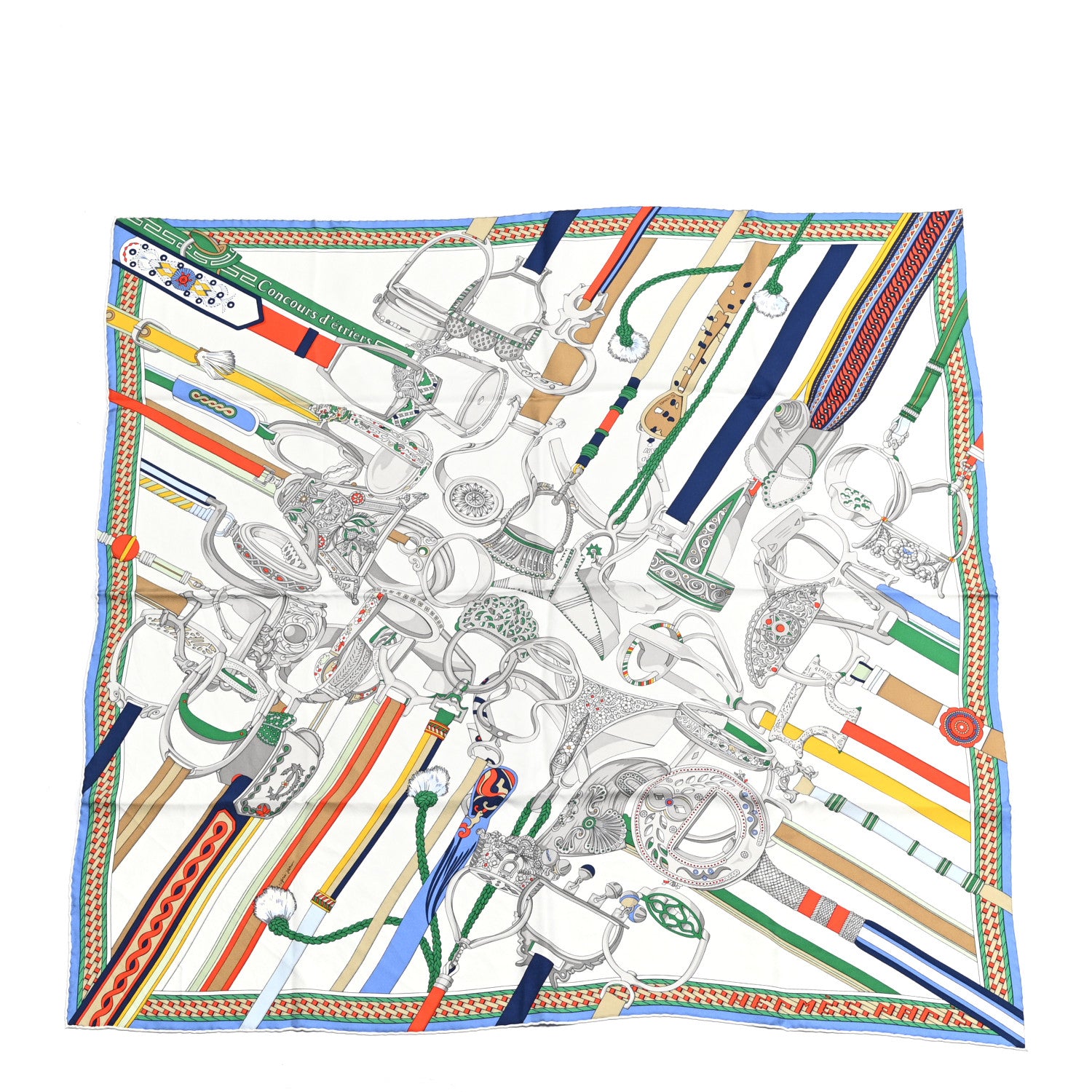 Hermes Silk Wash Concours D Etriers Scarf 90 White Casse Vert 1 of 5