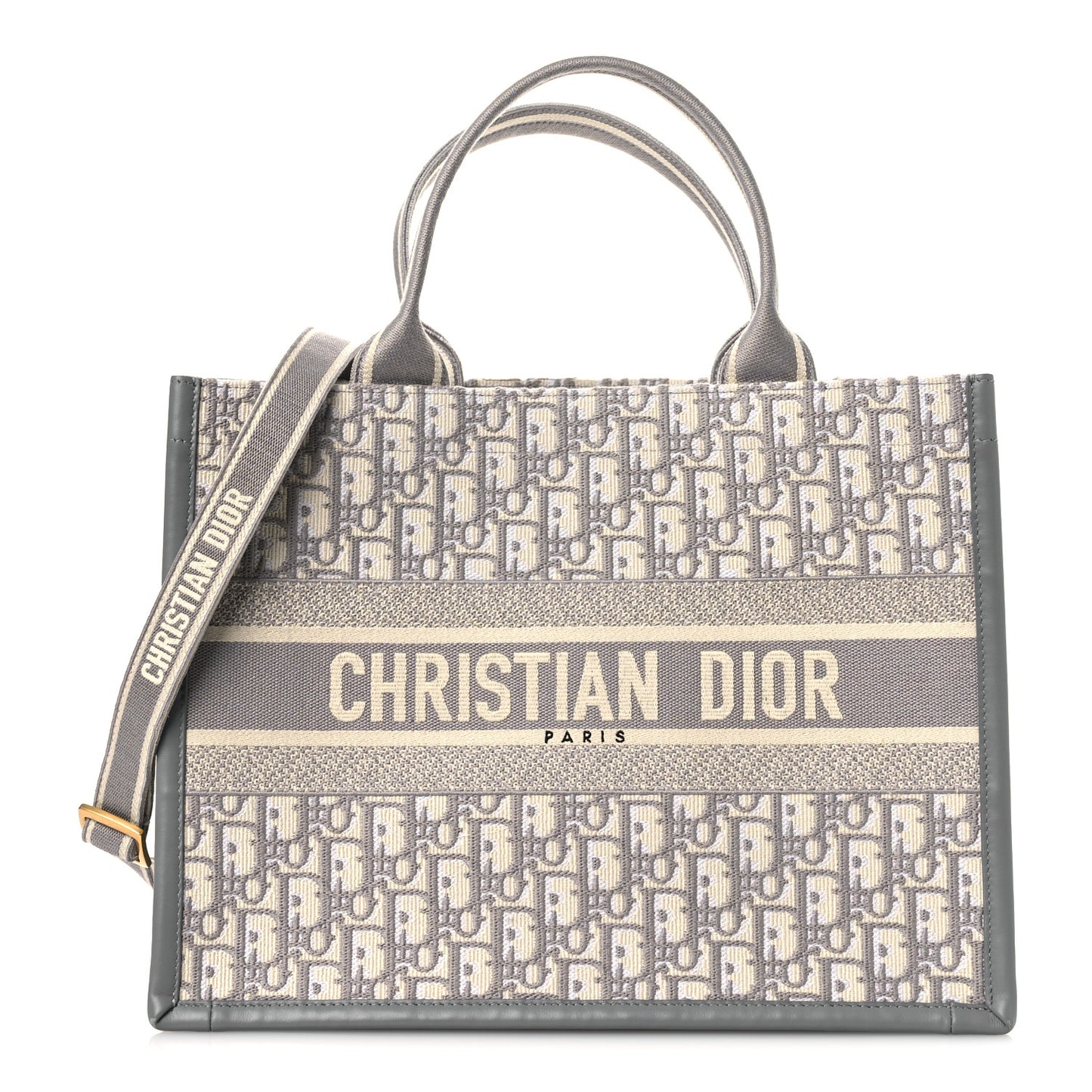 Oblique Chambray Calfskin Medium Book Tote With Strap Grey Latte