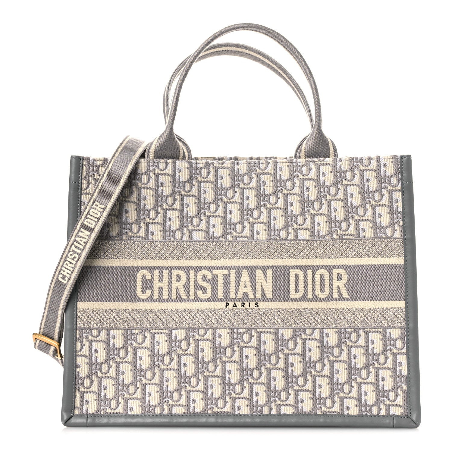 Christian Dior Oblique Chambray Calfskin Medium Book Tote With Strap Grey Latte 1 of 12