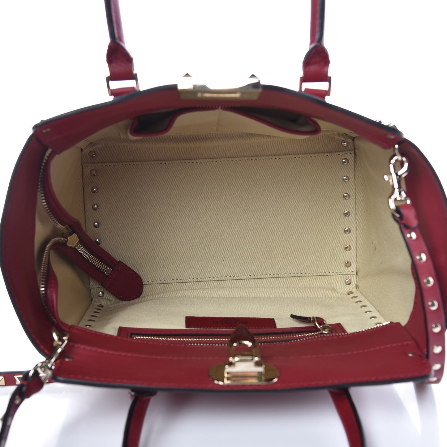 Vitello Small Rockstud Double Handle Tote Red