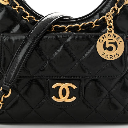 Chanel Shiny Crumpled Calfskin Quilted Small Wavy CC Hobo Black 8 of 10