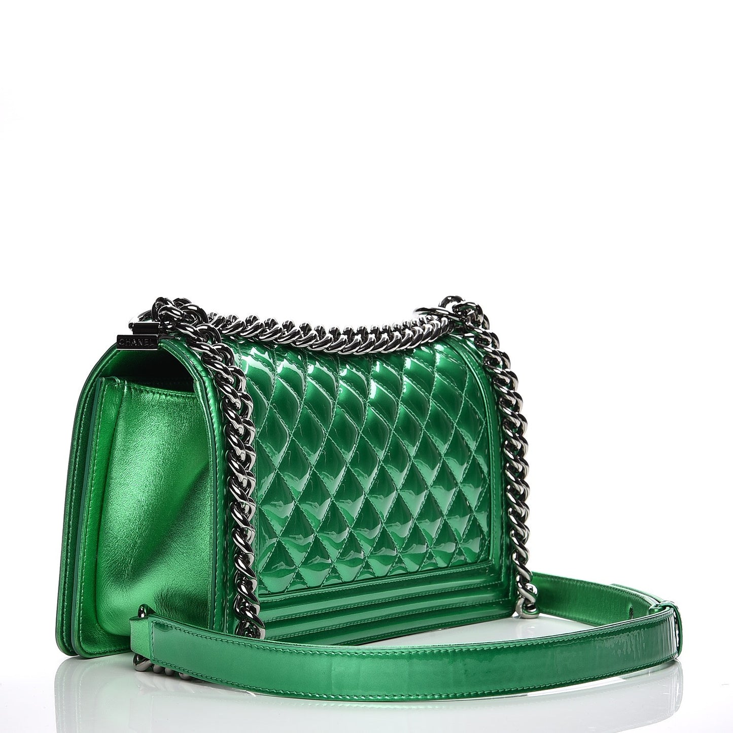 Patent Calfskin Quilted Medium Boy Flap Green