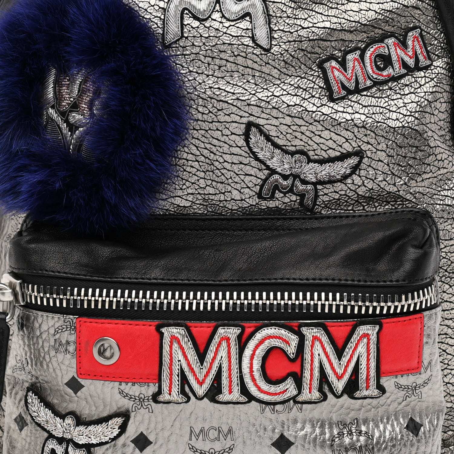 MCM Metallic Visetos Medium Fox Fur Insignia Side Stud Stark Backpack Silver Black 9 of 11
