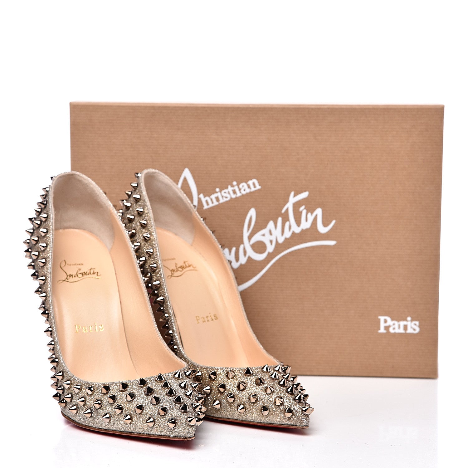 Christian Louboutin Glitter Mini Specchio Follies Spikes 100 Pumps 38 Ivory Colombe Metal 9 of 9