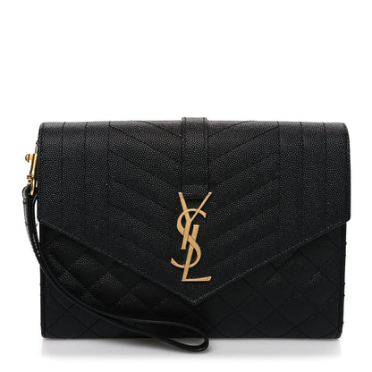 Saint Laurent Grain De Poudre Textured Mixed Matelasse Triquilt Monogram Clutch Black 1 of 10