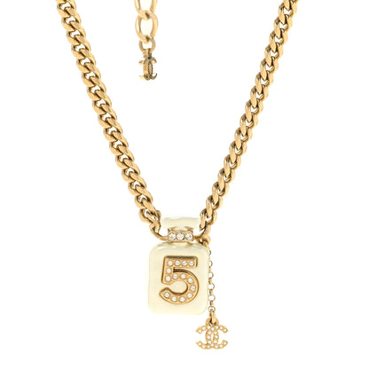 Chanel Pearl Resin Crystal CC No 5 Perfume Bottle Necklace Gold Pearly White 5 of 6