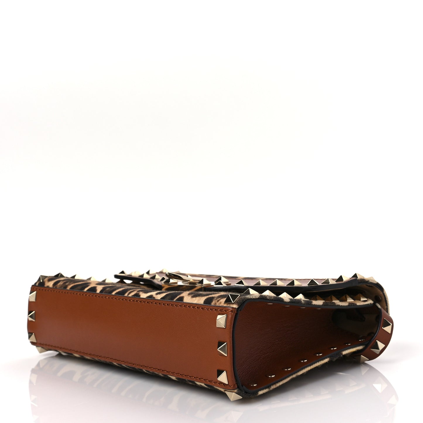 Calfskin Canvas Leopard Print Medium Rockstud Flip Lock Crossbody Bag Tan