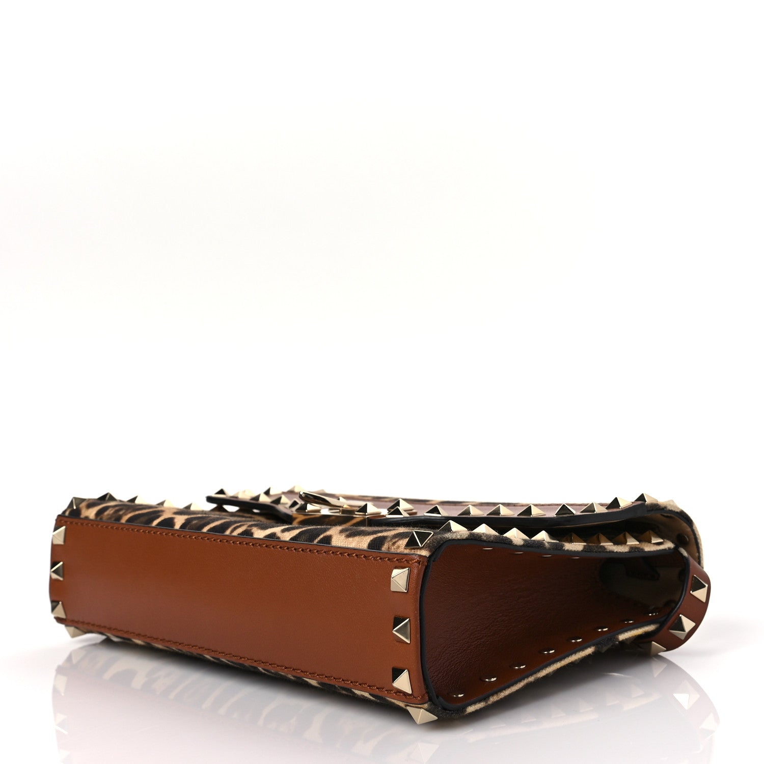 Valentino Garavani Calfskin Canvas Leopard Print Medium Rockstud Flip Lock Crossbody Bag Tan 7 of 8