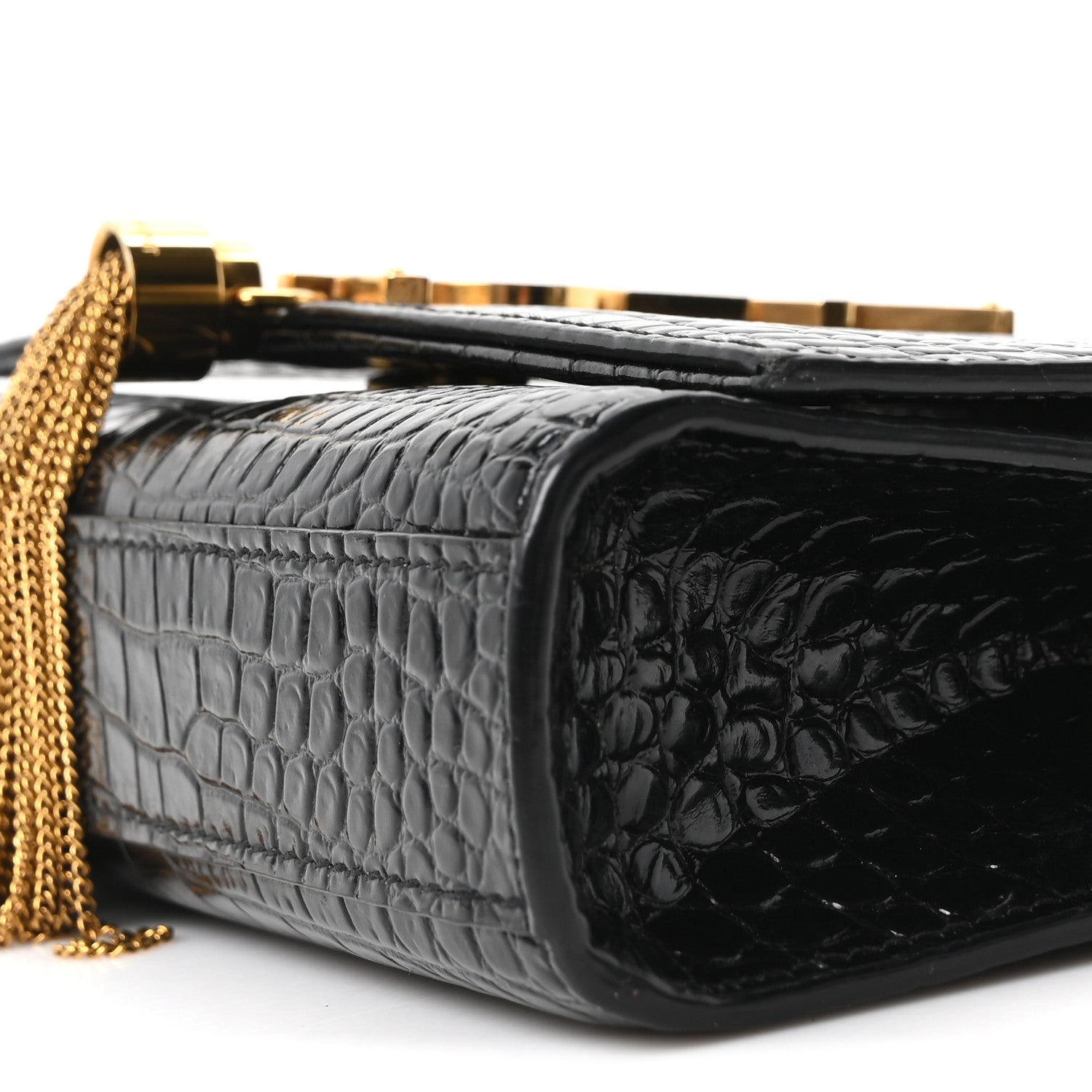 Saint Laurent Calfskin Crocodile Embossed Small Classic Monogram Kate Tassel Satchel Black 10 of 10