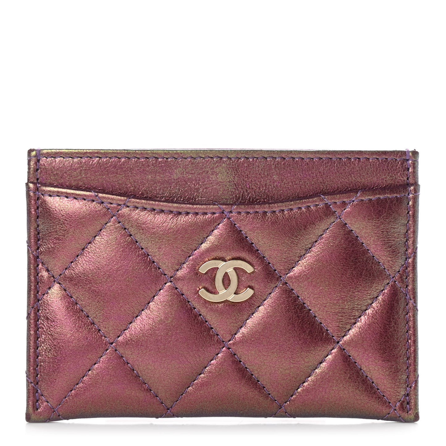 Iridescent Lambskin Quilted Card Holder Purple