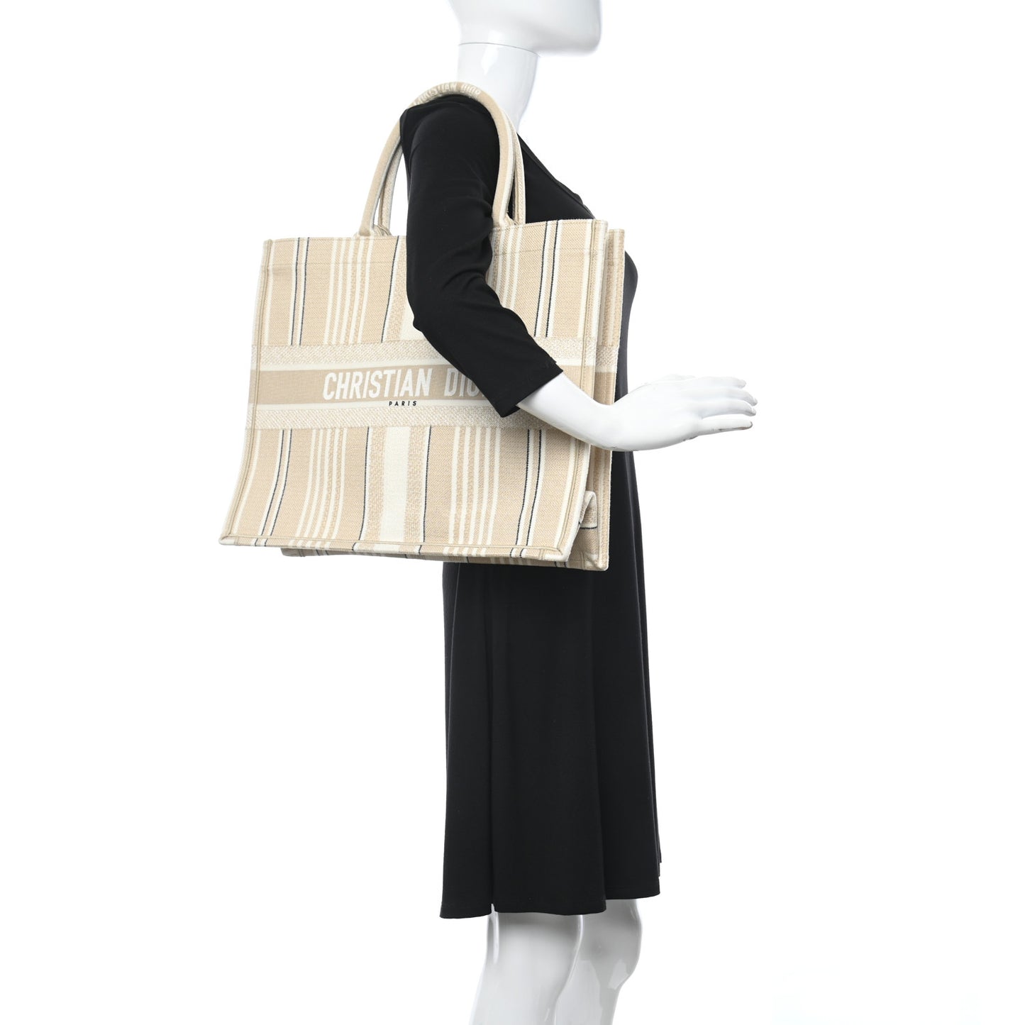 Canvas Embroidered Large Stripes Book Tote Beige