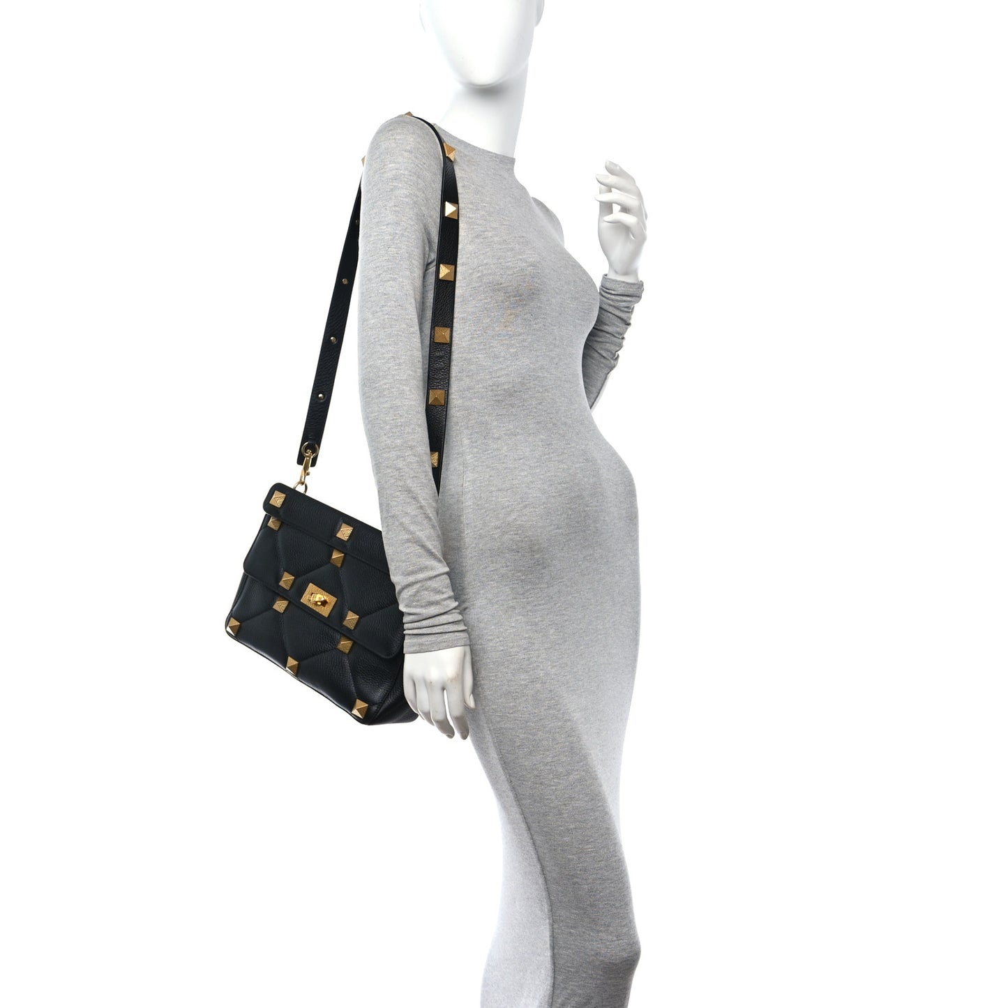 Grained Calfskin Large Roman Stud Shoulder Bag Black