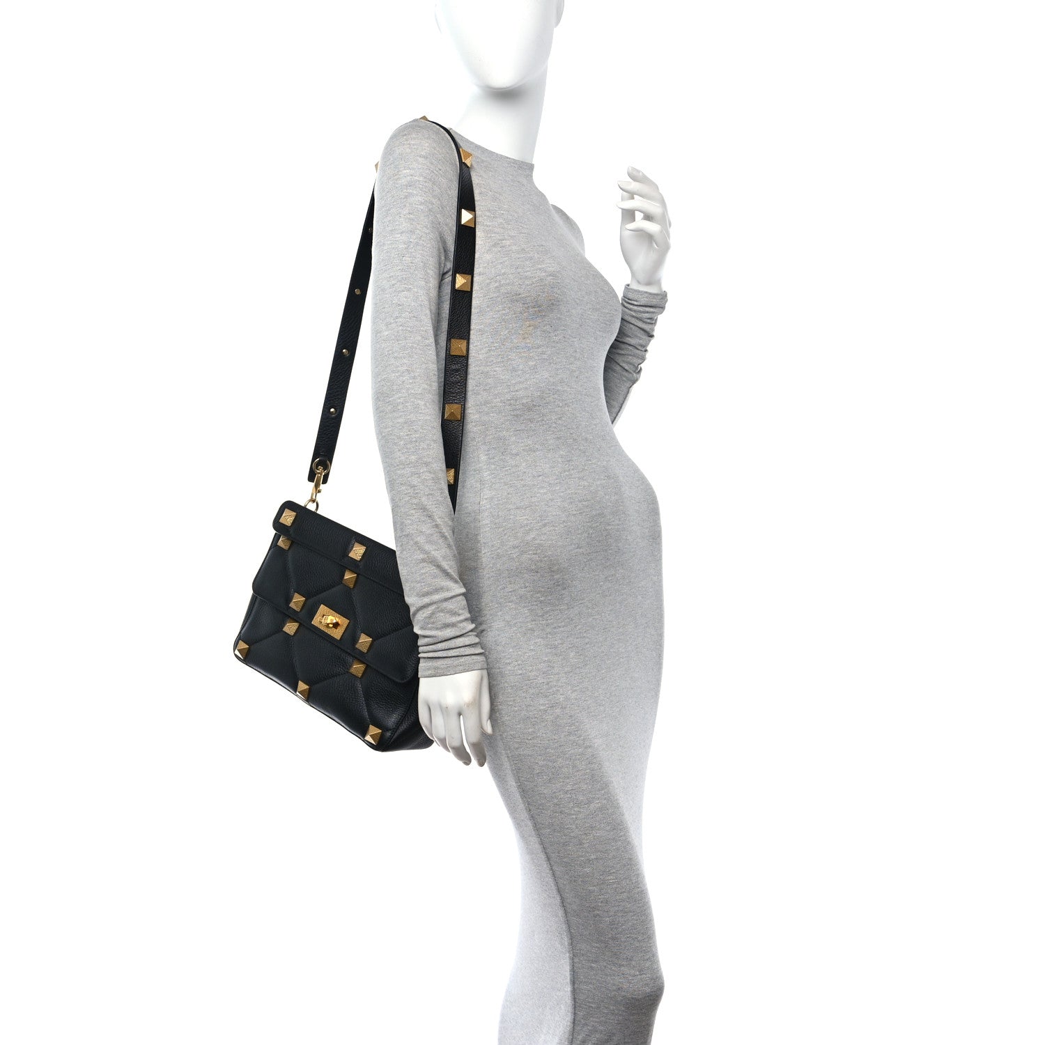 Valentino Garavani Grained Calfskin Large Roman Stud Shoulder Bag Black 2 of 9