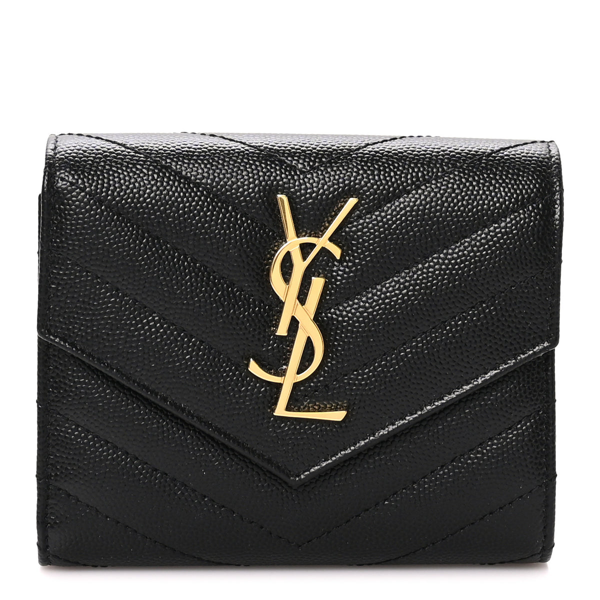 Saint Laurent Grain De Poudre Matelasse Chevron Monogram Compact Tri Fold Wallet Black 1 of 7