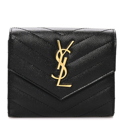 Saint Laurent Grain De Poudre Matelasse Chevron Monogram Compact Tri Fold Wallet Black 1 of 7