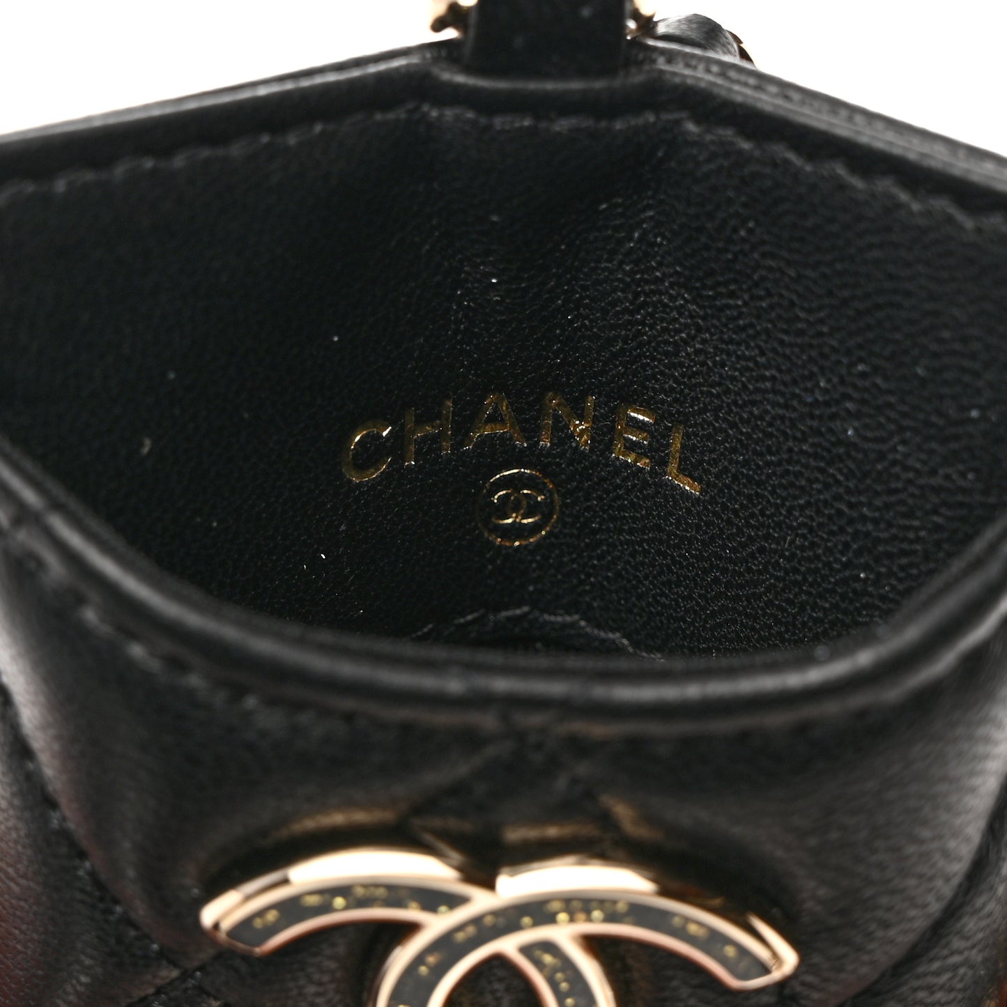 Lambskin Quilted Glitter Card Holder On Chain Black