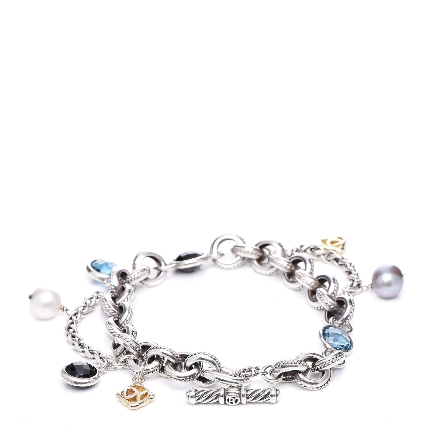 Sterling Silver 18K Yellow Gold Blue Topaz Pearl Black Onyx Old World Charm Bracelet