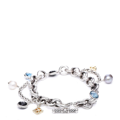 David Yurman Sterling Silver 18K Yellow Gold Blue Topaz Pearl Black Onyx Old World Charm Bracelet 3 of 5