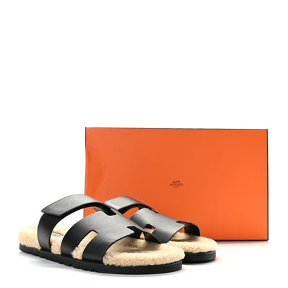 Hermes Veau Indios Woolskin Mens Chypre Sandals 43 Black Ecru 13 of 13