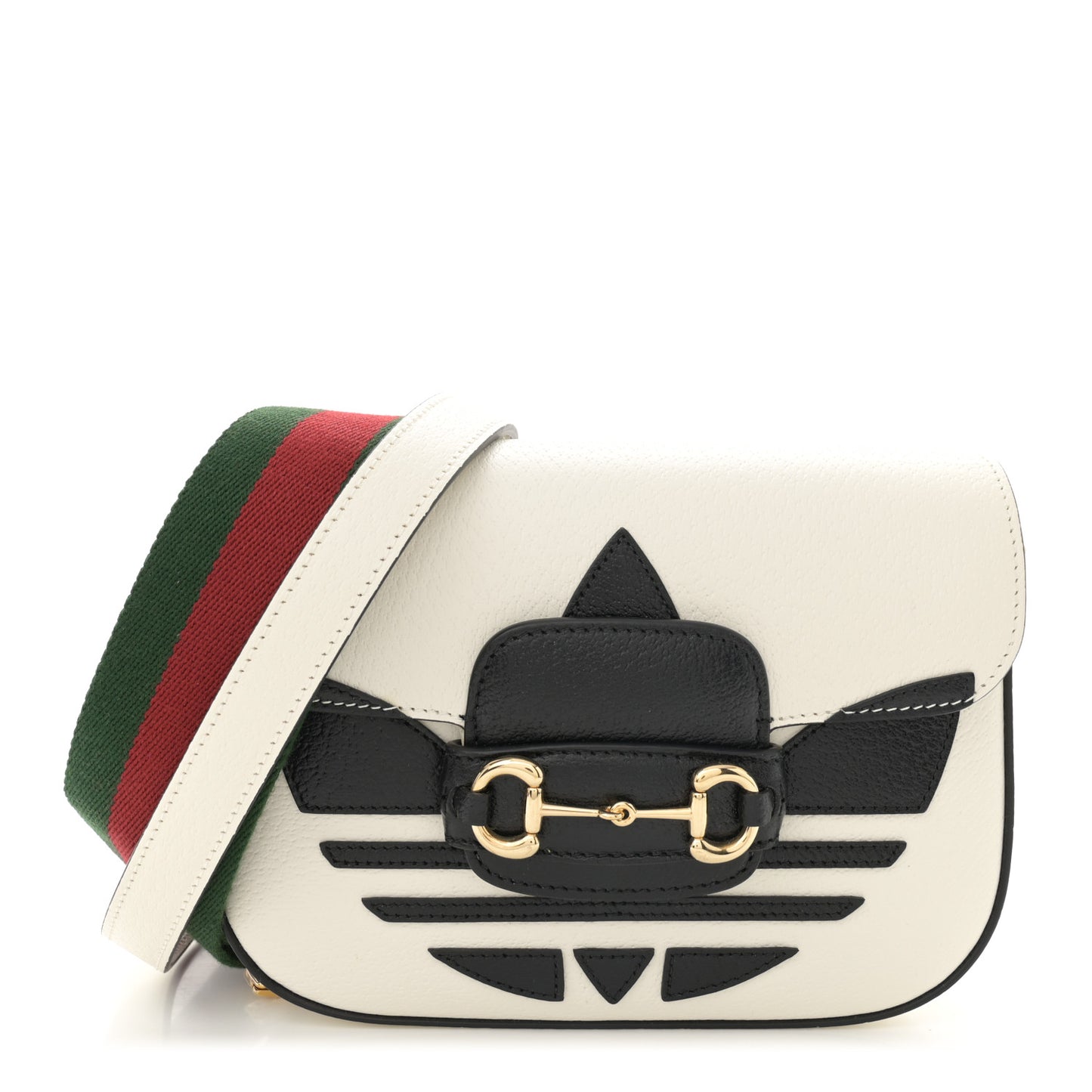 X ADIDAS Textured Dollar Calfskin Web Trefoil Mini Horsebit 1955 Shoulder Bag Off White Black