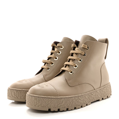 Chanel Calfskin CC Turnlock Lace Up Boots 39 Beige 3 of 9