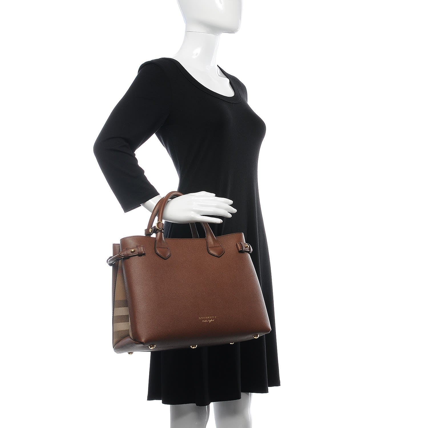 Burberry Grainy Calfskin House Check Medium Banner Tote Tan 2 of 8