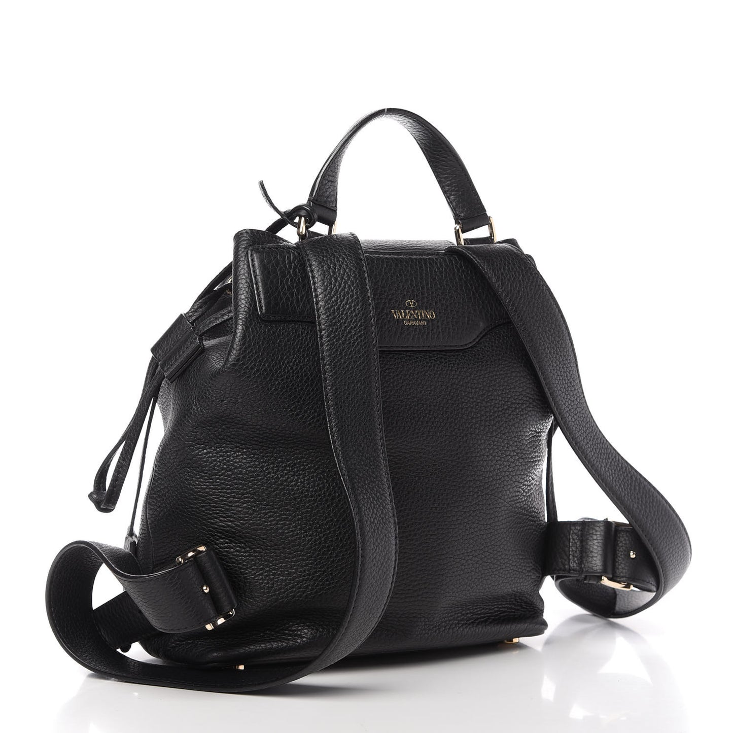 Pebbled Calfskin Rockstud Drawstring Backpack Black
