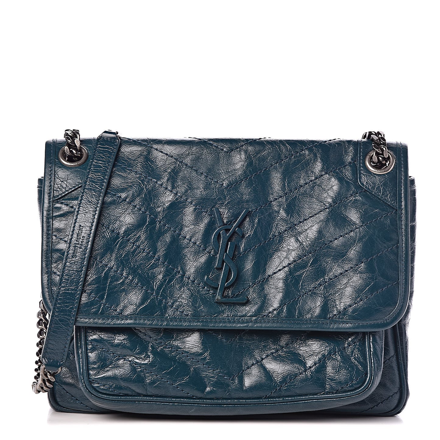 Crinkled Calfskin Matelasse Monogram Medium Niki Chain Satchel Peacock Green
