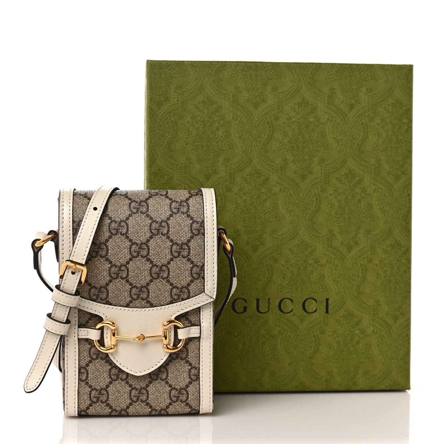 GG Supreme Monogram Azalea Calfskin Mini Horsebit 1955 Crossbody Bag Beige Ebony Mystic White