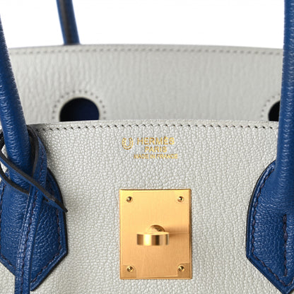 Hermes Chevre Mysore Bi-Color Horseshoe Birkin 30 Gris Perle Bleu Brighton 8 of 11