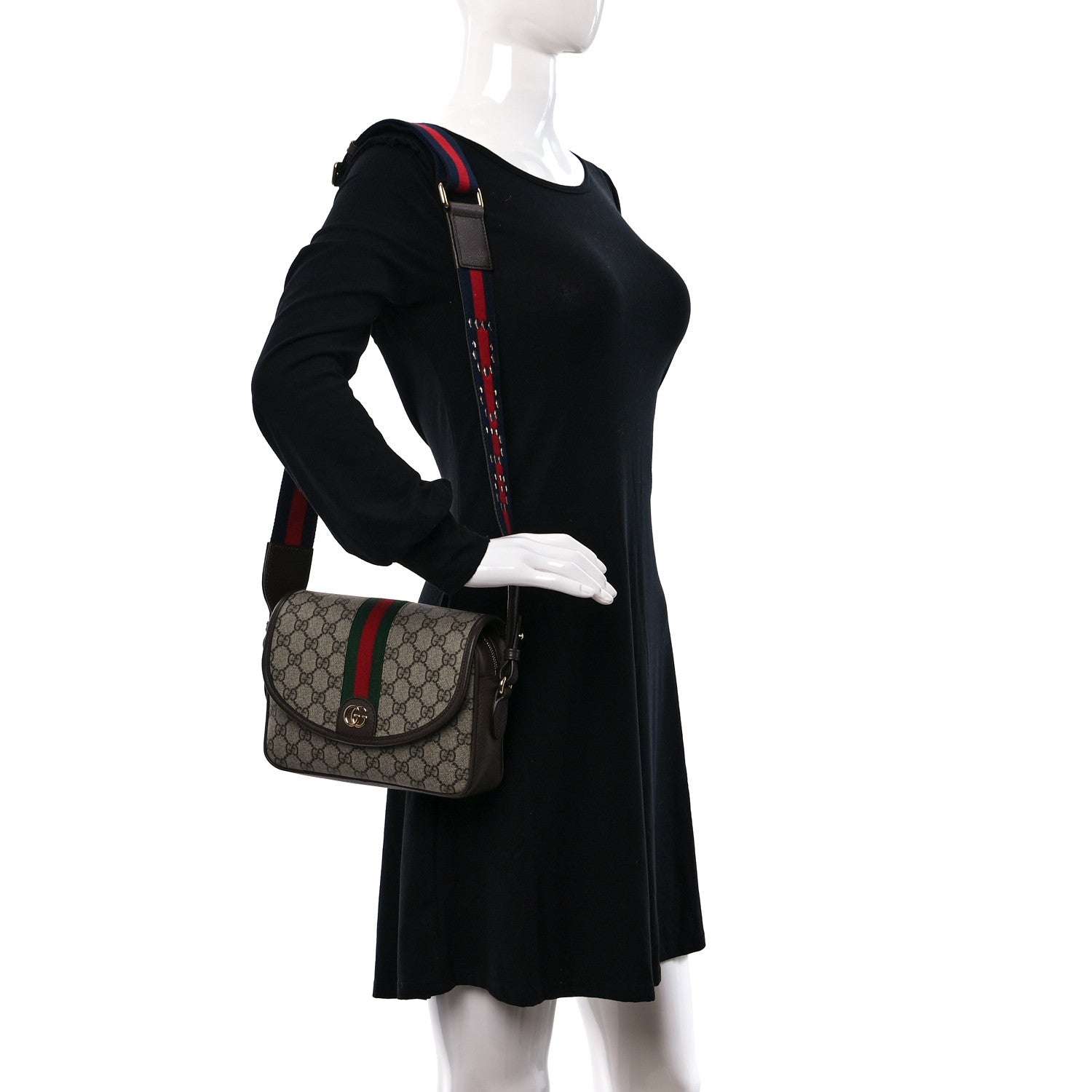 Gucci GG Supreme Monogram Textured Dollar Calfskin Web Studded Mini Ophidia Flap Shoulder Bag Beige Ebony New Acero 2 of 9
