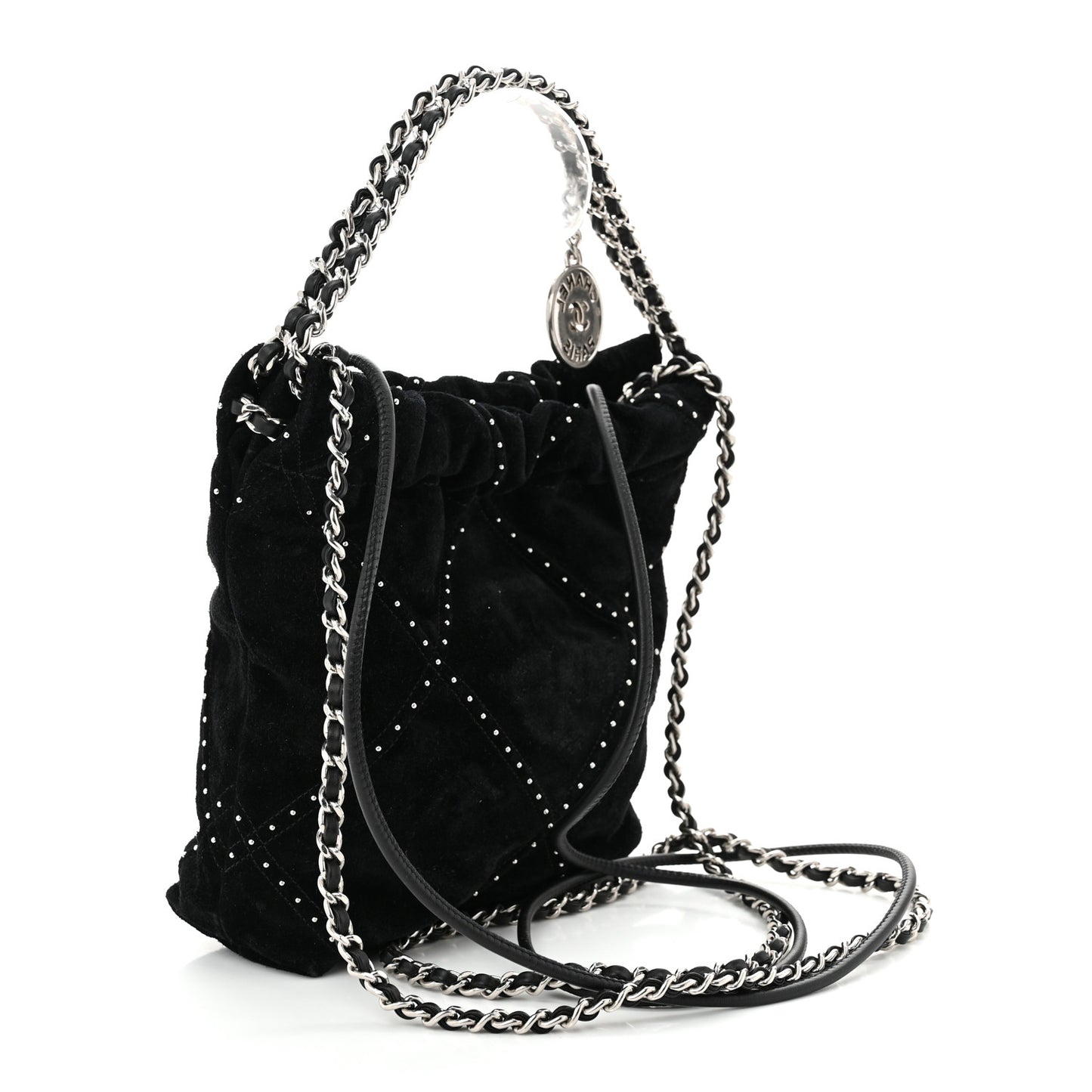 Suede Stitched Quilted Studded Mini Chanel 22 Black