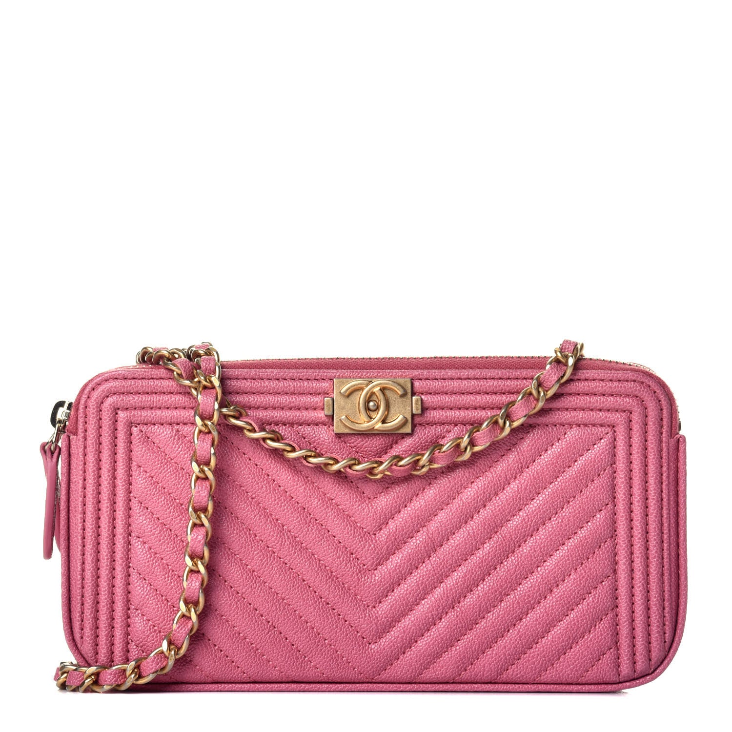 Chanel Caviar Chevron Small Boy Clutch With Chain Pink 1 of 10