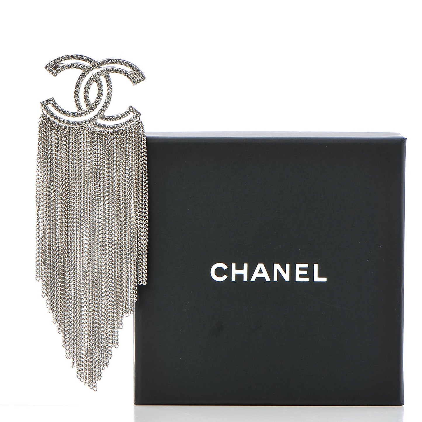Crystal Chain Fringe CC Brooch Silver
