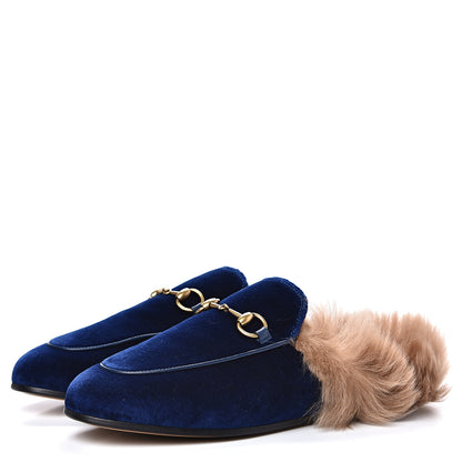 Gucci Velvet Fur Womens Princetown Slippers 36.5 Cobalt Blue 3 of 8