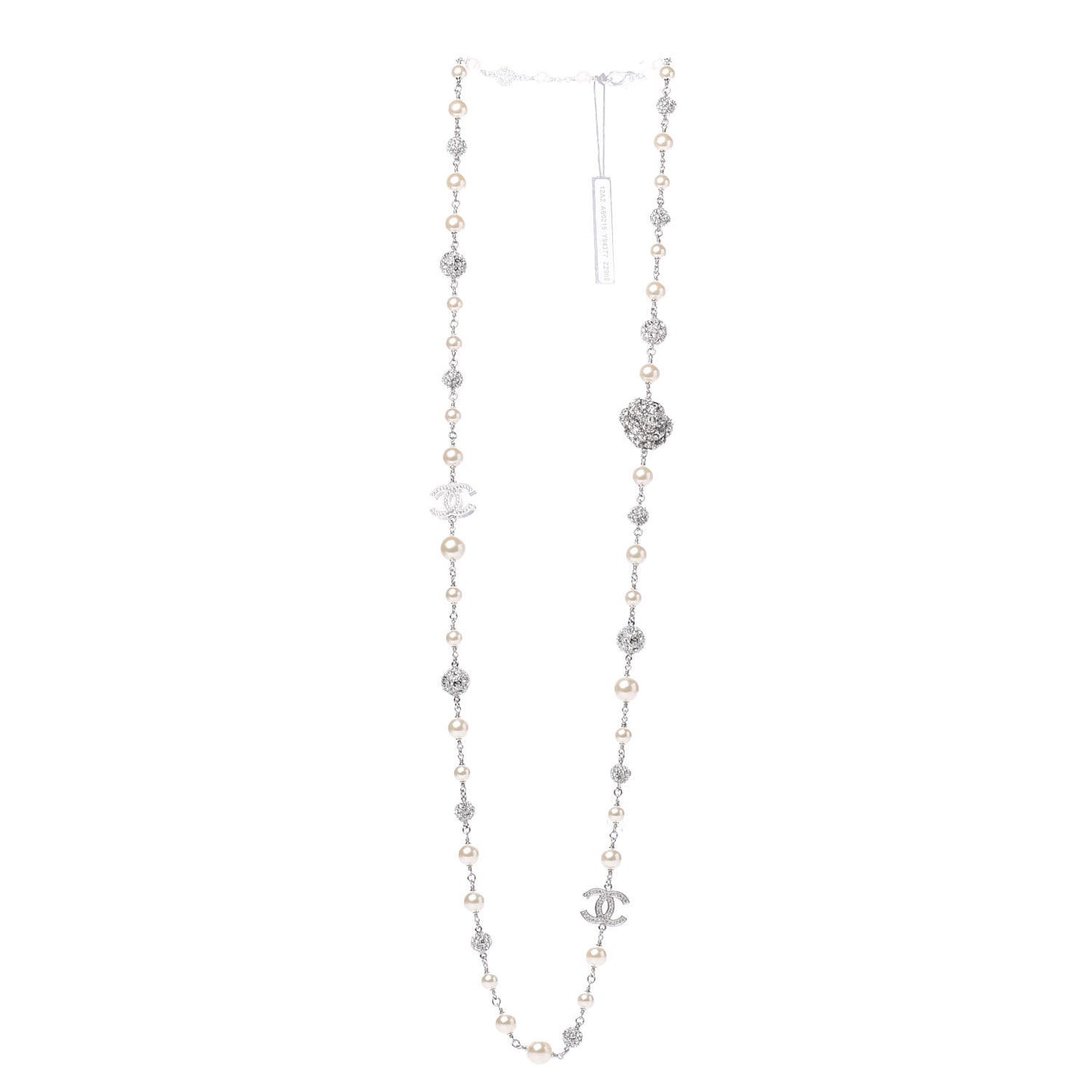 Pearl Crystal CC Camellia Long Necklace Silver
