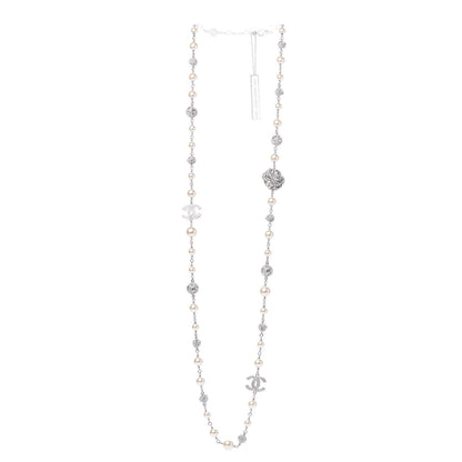 Chanel Pearl Crystal CC Camellia Long Necklace Silver 2 of 4
