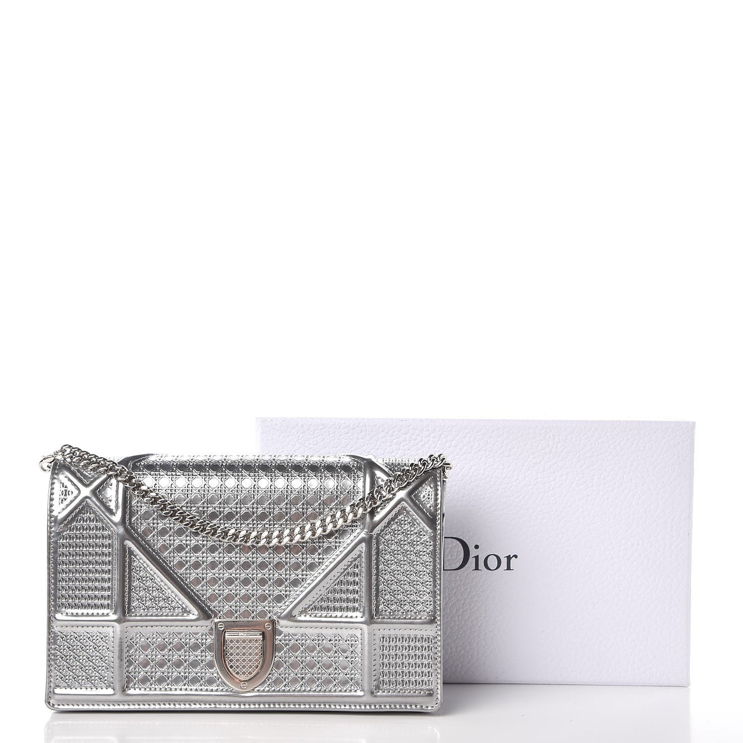 Metallic Patent Micro-Cannage Diorama Wallet on Chain Pouch Silver