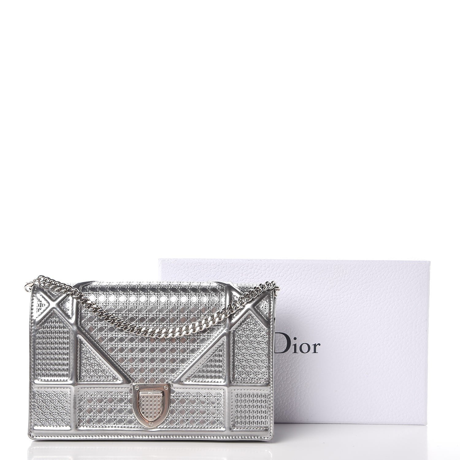 Christian Dior Metallic Patent Micro-Cannage Diorama Wallet on Chain Pouch Silver 8 of 8