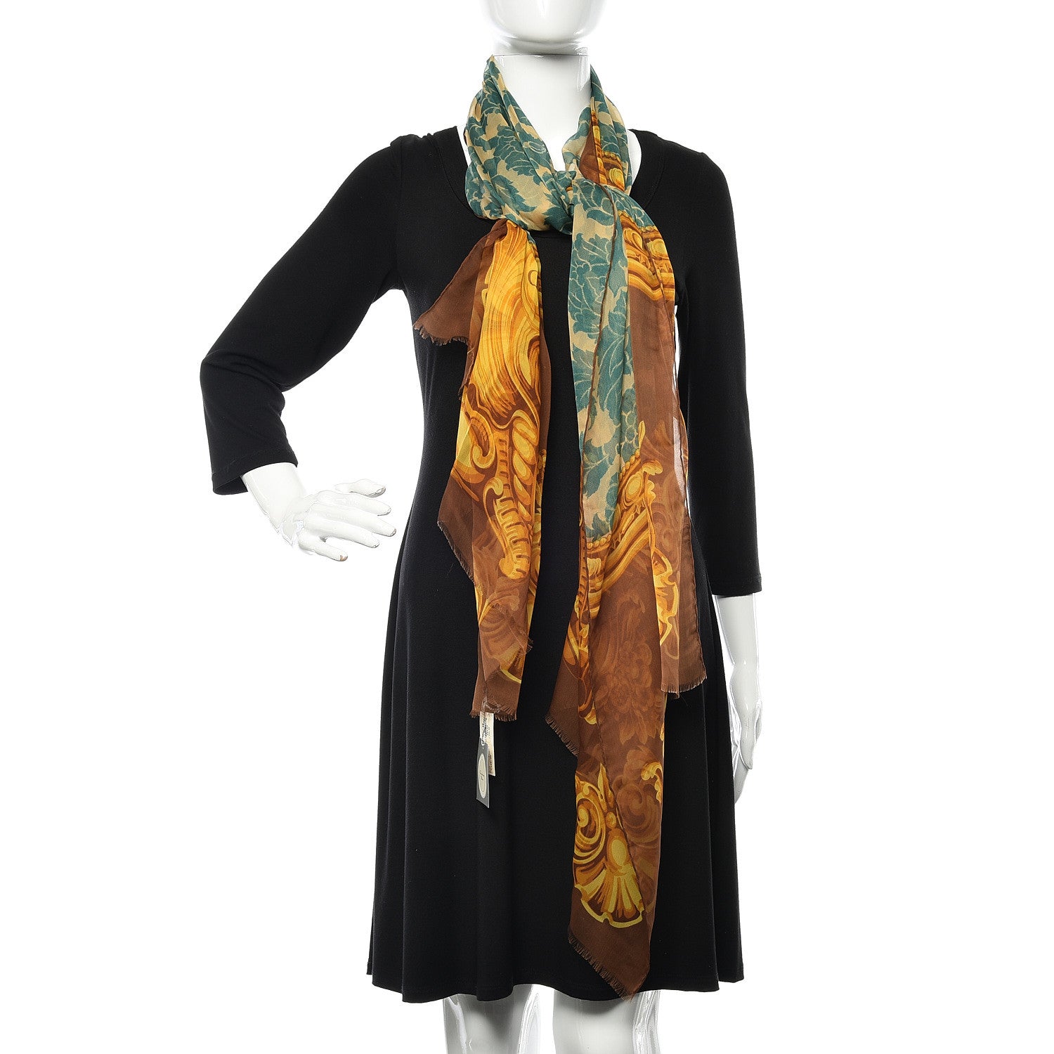 Christian Dior Silk Crepe Georgette Leaves Scarf Turquoise Orange Clair Marron 2 of 4