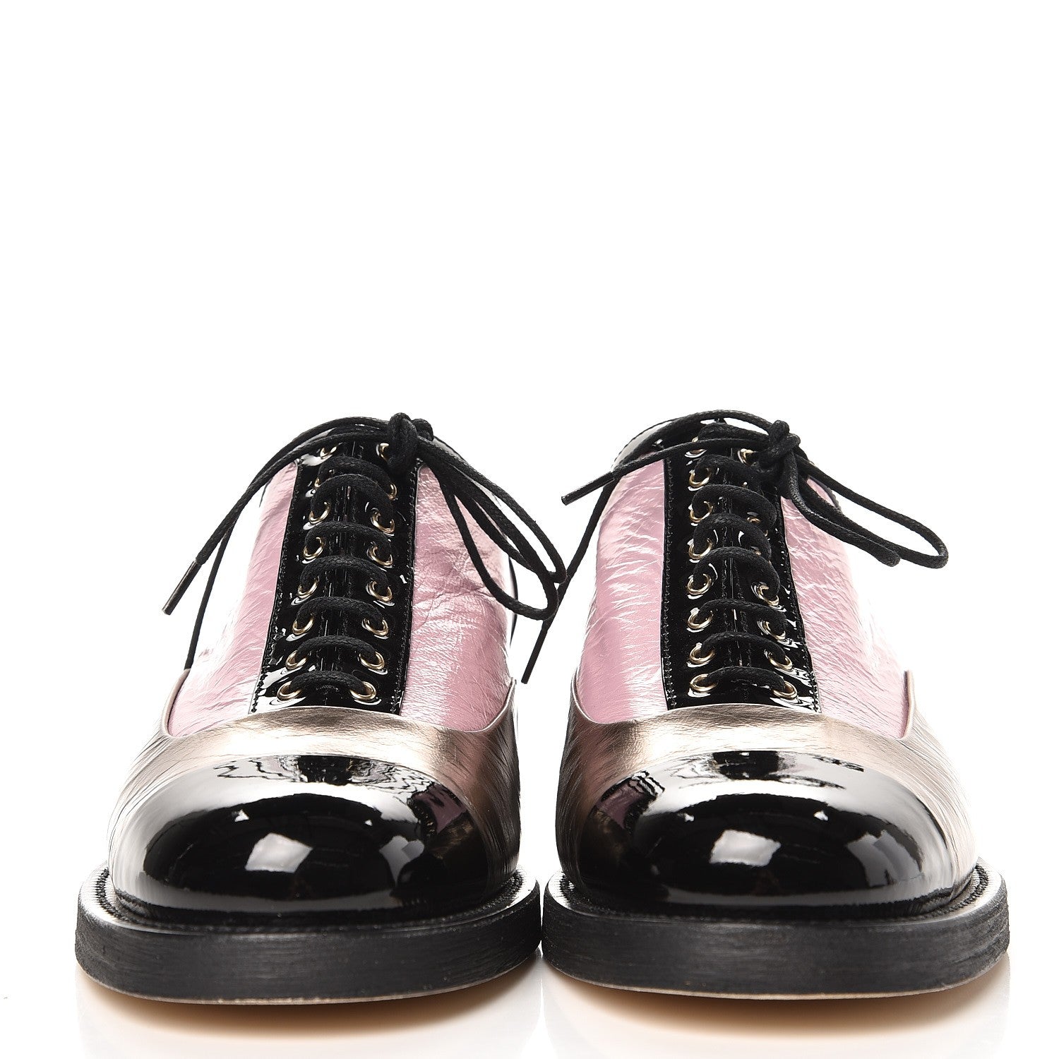 Chanel Crumpled Lambskin Patent CC Lace Up Oxfords 40 Pink Gold Black 3 of 8